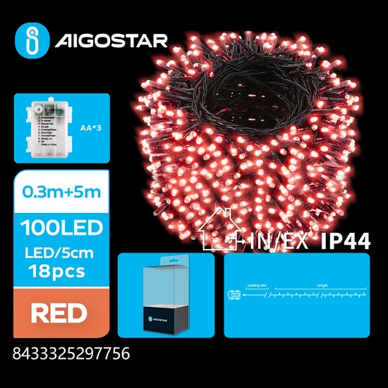 3AA Elemes 5m-es Piros LED Füzér 8mód + időzítő IP44
