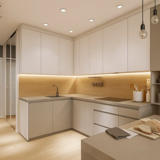 24W 2 méteres konyhapult világítás csomag 45° Sarok Profillal. Természetes fehér, méterenként 60 leddel