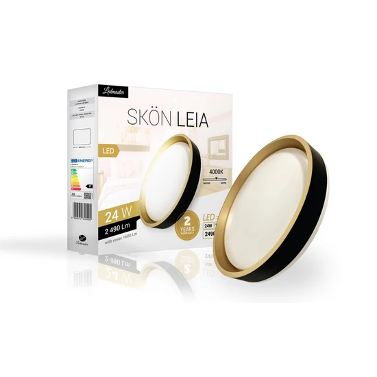 Skön Leia 24 W-os ø400 mm kerek natúr fehér  fekete-arany színű mennyezeti lámpa  IP20-as védettségű