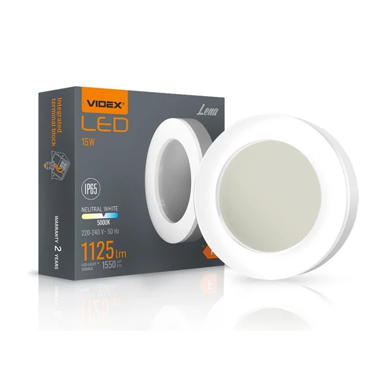 Videx Lena 15 W-os ø190 mm kerek natúr fehér  fehér mennyezeti lámpa IP65-ös védettségű