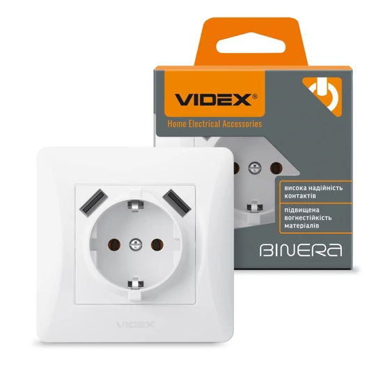 Videx Binera fehér színű süllyesztett földelt csatlakozó aljzat  +  2 db USB csatlakozó(20/120)