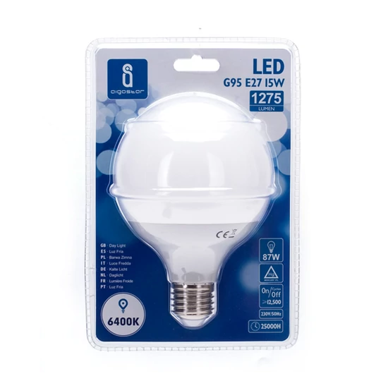 E27 15W LED nagygömb égő 6500K hideg fehér G95