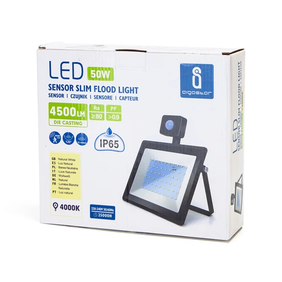 50W Fekete házas Slim Mozgásérzékelős LED reflektor természetes fehér 4500lm