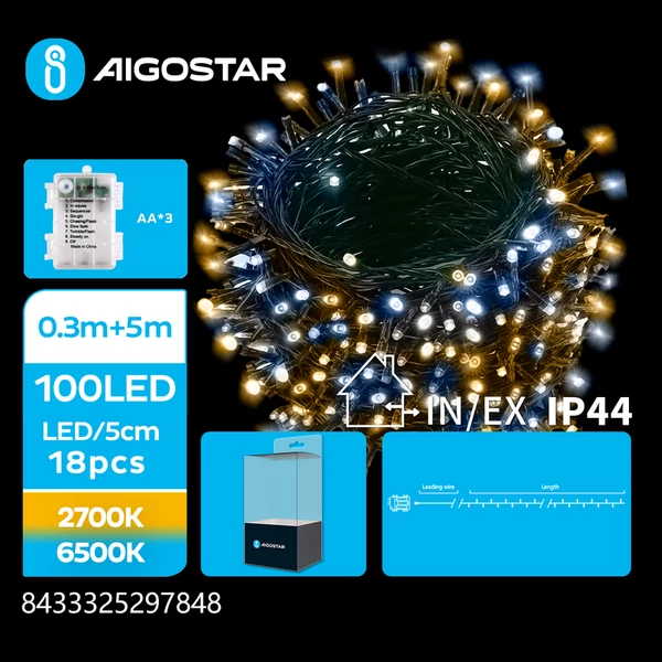 3AA Elemes 5m-es Hideg-Meleg LED Füzér 8mód + időzítő IP44