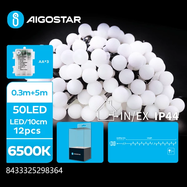 3AA Elemes 5m-es Tejüveg Gömb Füzér Hideg Fehér 8mód + időzítő IP44