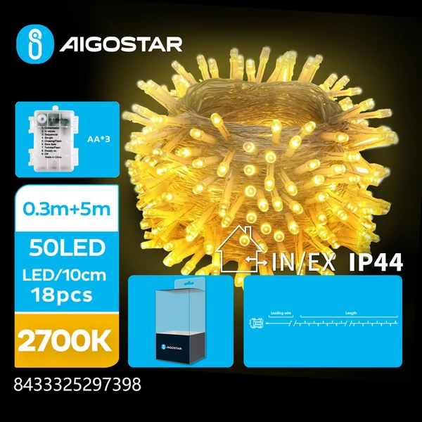 5m-es elemes LED füzér meleg fehér 30cm vezeték, 8 mód + időzítő IP44