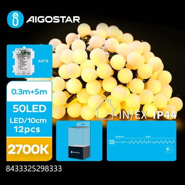 3AA Elemes 5m-es Tejüveg Gömb Füzér Meleg Fehér 8mód + időzítő IP44