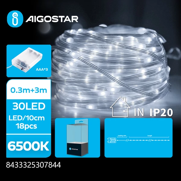 3AA Elemes 3m-es Hideg Fehér PVC Réz Füzér