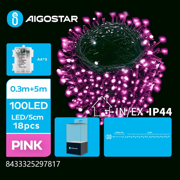 3AA Elemes 5m-es Pink LED Füzér 8mód + időzítő IP44