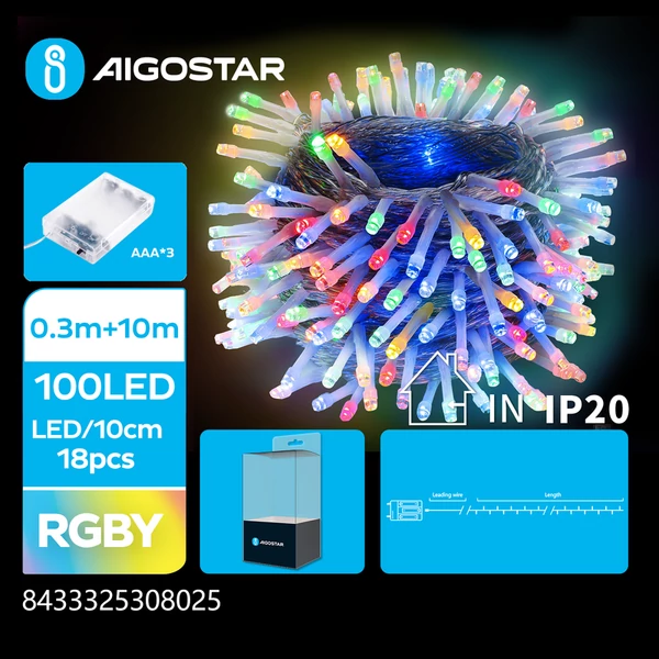 3AA Elemes 10m-es RGBW LED füzér IP20 beltéri
