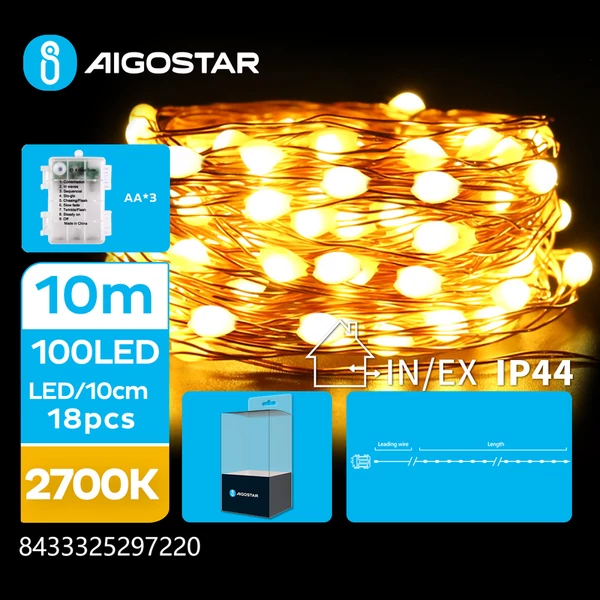 10m-es elemes réz füzér meleg fehér, 8 mód + időzítő IP44