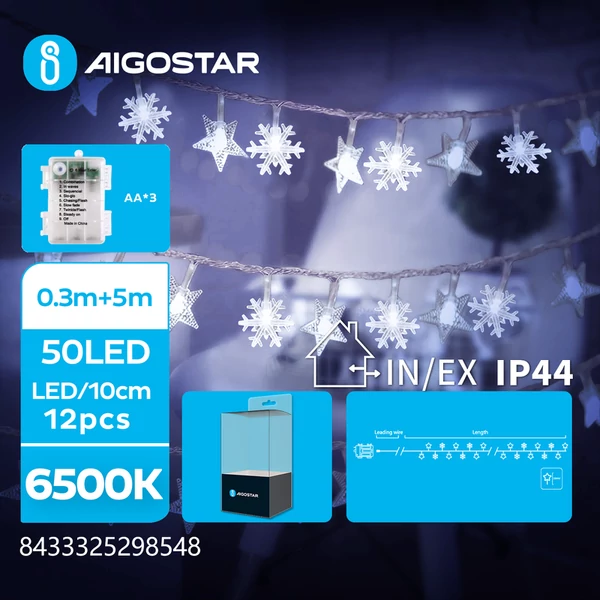 3AA Elemes Hópehely 5m-es Hideg Fehér Átlátszó Füzér 8mód+időzítő