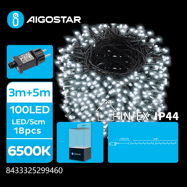 5m-es Hideg Fehér LED Kültéri füzér 3m Zöld vezetékkel 8mód + Időzítő