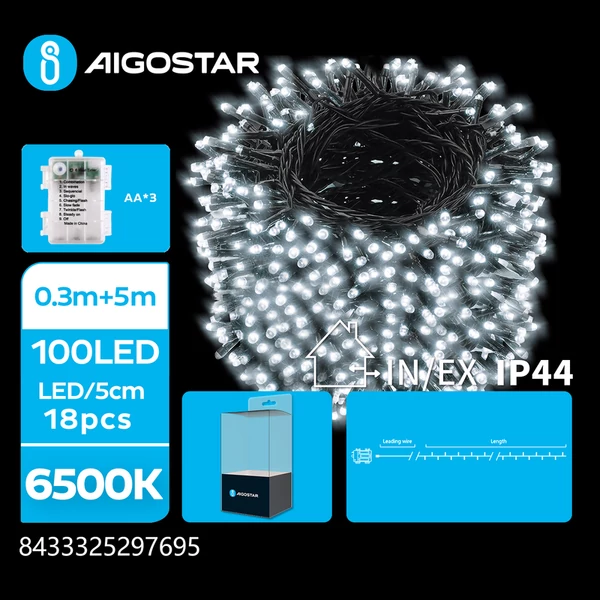 3AA Elemes 5m-es Hideg Fehér LED Füzér 8mód + időzítő IP44