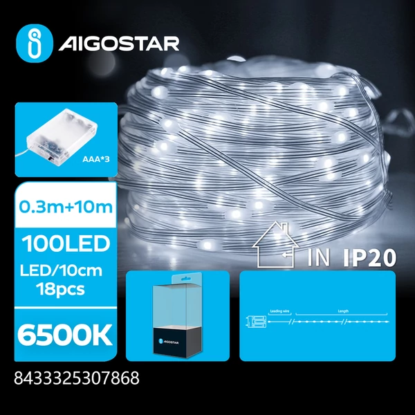 3AA Elemes 10m-es Hideg Fehér PVC Réz Füzér