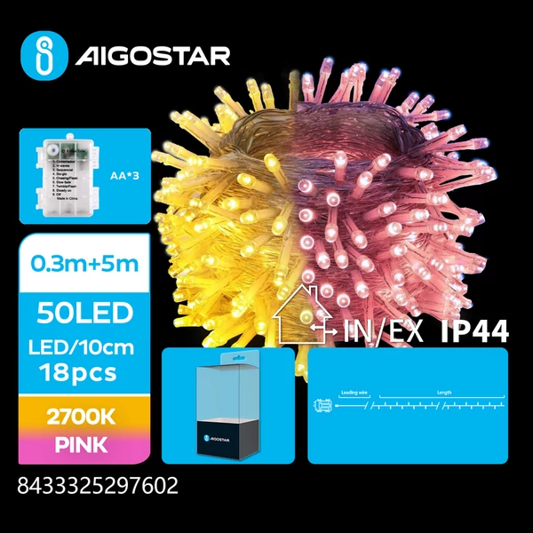 5m-es elemes LED füzér Pink-Meleg, 30cm átlátszó vezeték, 8 mód + időzítő IP44