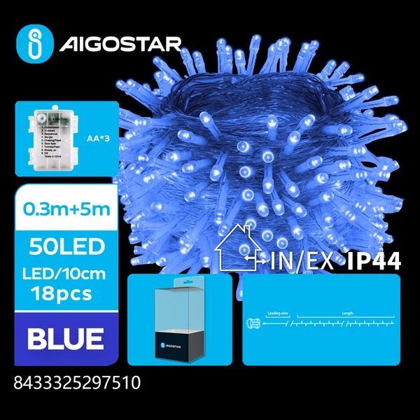 5m-es elemes LED füzér KÉK, 30cm átlátszó vezeték, 8 mód + időzítő IP44
