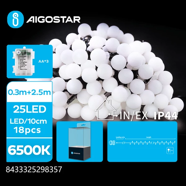 3AA Elemes 2,5m-es Tejüveg Gömb Füzér Hideg Fehér 8mód + időzítő IP44