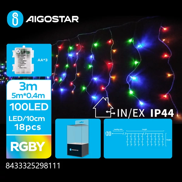 3AA Elemes 5m-es RGB Jégcsap Füzér 40cm-es Jégcsapokkal Kültéri