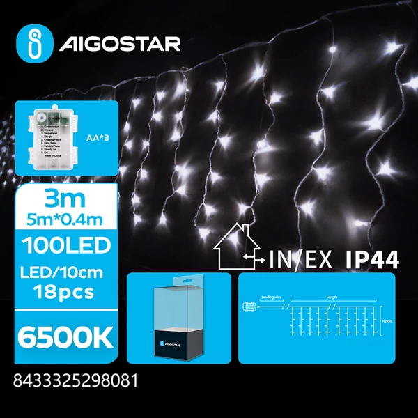 3AA Elemes 5m-es Hideg Fehér Jégcsap Füzér 40cm-es Jégcsapokkal Kültéri