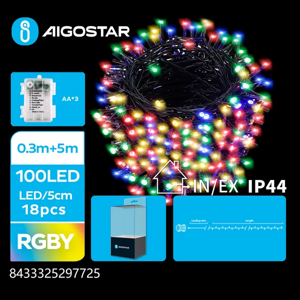 3AA Elemes 5m-es RGB LED Füzér 8mód + időzítő IP44