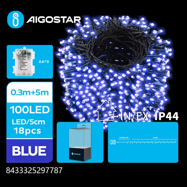 3AA Elemes 5m-es Kék LED Füzér 8mód + időzítő IP44