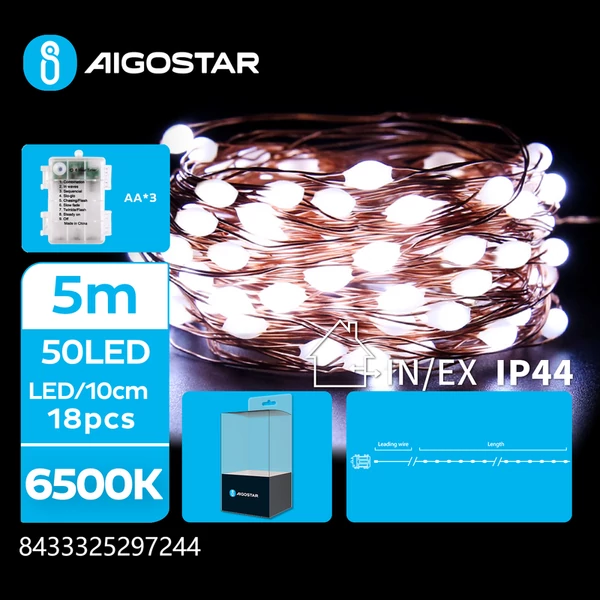 5m-es elemes réz füzér Hideg fehér, 8 mód + időzítő IP44