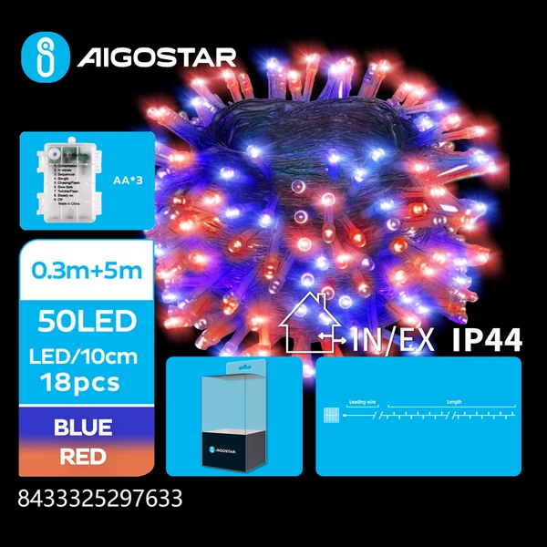 5m-es elemes LED füzér Piros-kék, 30cm átlátszó vezeték, 8 mód + időzítő IP44