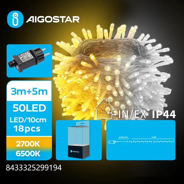 5m-es Meleg-Hideg Fehér LED Kültéri füzér 3m Átlátszó vezetékkel 8mód + Időzítő