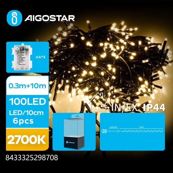 3AA Elemes 10m-es Meleg Fehér Füzér 8mód + Időzítő