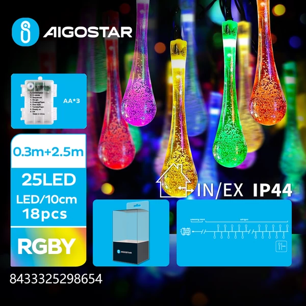 3AA Elemes Csepp 2,5m-es RGB Átlátszó Füzér 8mód+időzítő