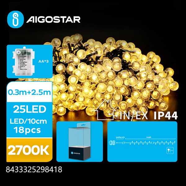 3AA Elemes 2,5m-es Átlátszó Gömb Füzér Meleg fehér 8mód + időzítő IP44