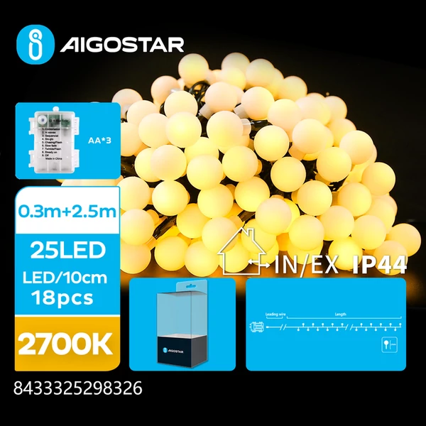 3AA Elemes 2,5m-es Tejüveg Gömb Füzér Meleg Fehér 8mód + időzítő IP44