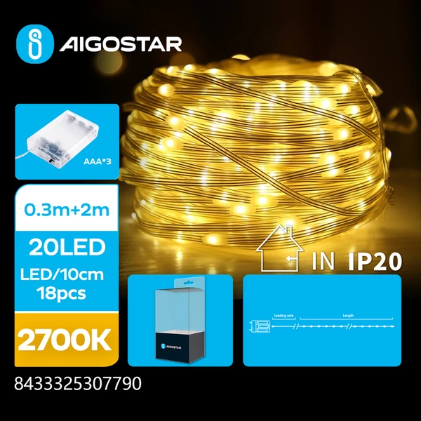 3AA Elemes 2m-es Meleg Fehér PVC Réz Füzér