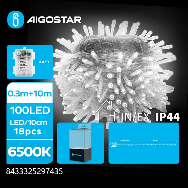 10m-es elemes LED füzér hideg fehér, 30cm átlátszó vezeték, 8 mód + időzítő IP44