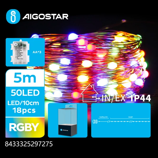 5m-es elemes réz füzér RGBW, 8 mód + időzítő IP44