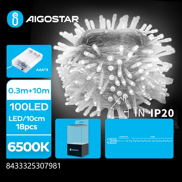 3AA Elemes 10m-es Hideg Fehér LED füzér IP20 beltéri