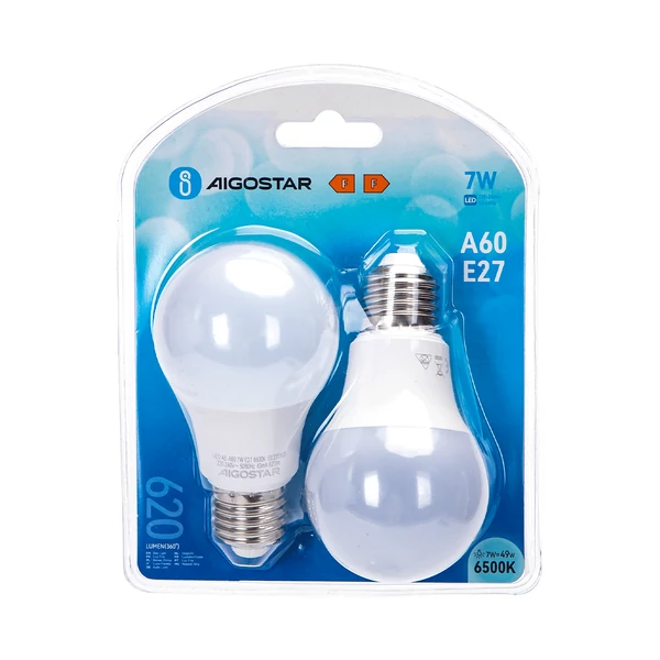 E27 7W LED körte égő hideg fehér 6400K A60 tejüveg opál