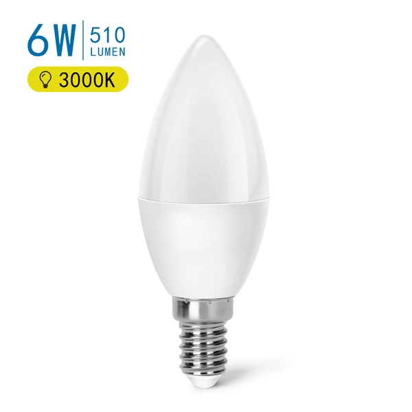 E14 6W LED gyertya égő meleg fehér 3000K C37 tejüveg opál