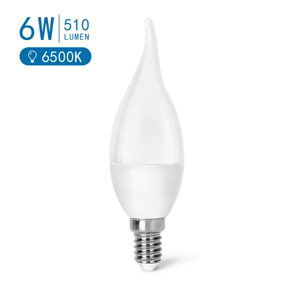 E14 6W LED gyertya égő hideg fehér 6400K CL37 szélfújta tejüveg opál