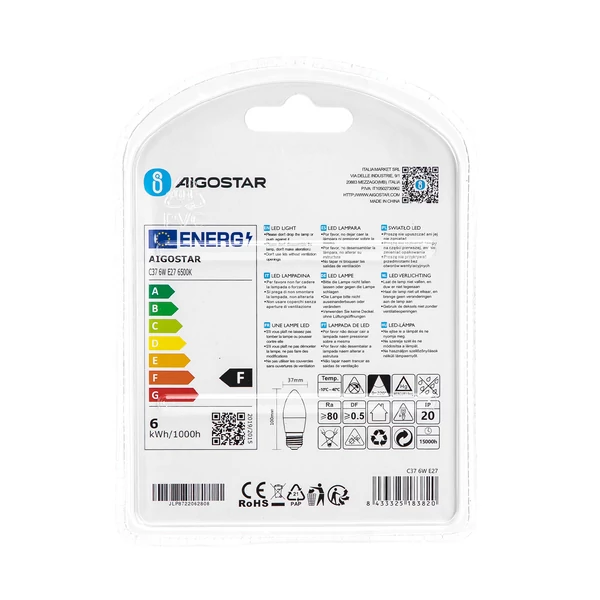 E27 6W LED gyertya égő hideg fehér 6400K C37 tejüveg opál