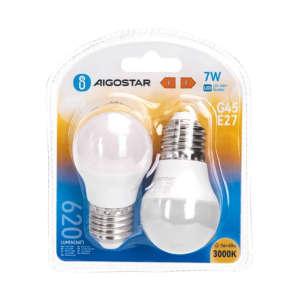 E27 7W LED kisgömb égő meleg fehér 3000K G45 tejüveg opál