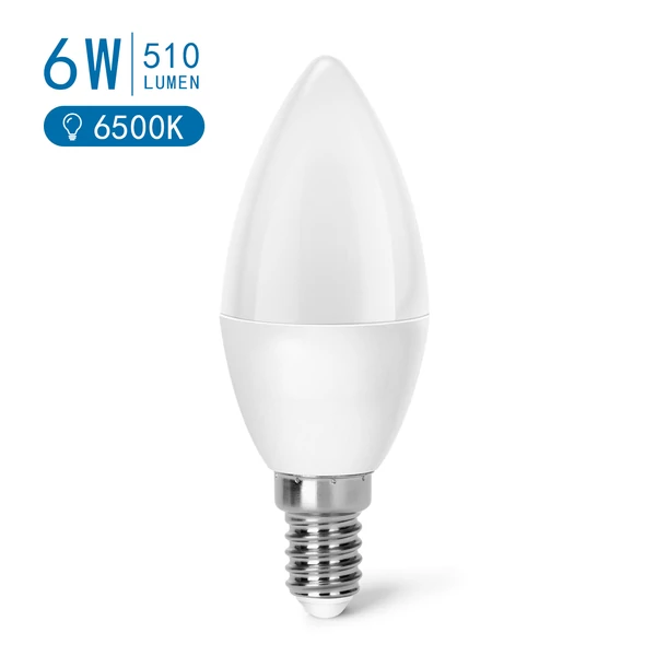 E14 6W LED gyertya égő hideg fehér 6400K C37 tejüveg opál
