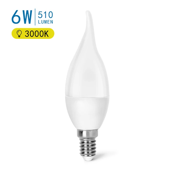 E14 6W LED gyertya égő meleg fehér 3000K C37 tejüveg opál