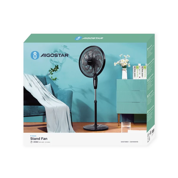 45W, 9 lapátos állványos ventilátor fekete