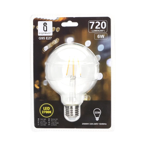 E27 6W LED Filament nagygömb égő 2700K meleg fehér G95