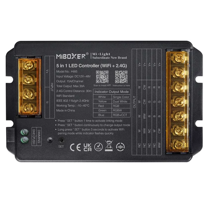 Miboxer 5 Az 1-Ben Dimmer/CCT/RGB/RGBW/RGB+CCT WiFis Led Zóna Vezérlő DC12-48V 30A
