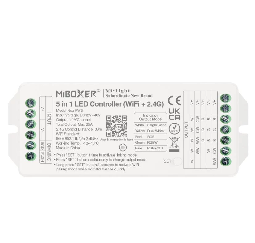 Miboxer 5 Az 1-Ben Dimmer/CCT/RGB/RGBW/RGB+CCT Led Zóna Vezérlő (Wi-Fi+2,4GHz) DC12-48V 20A