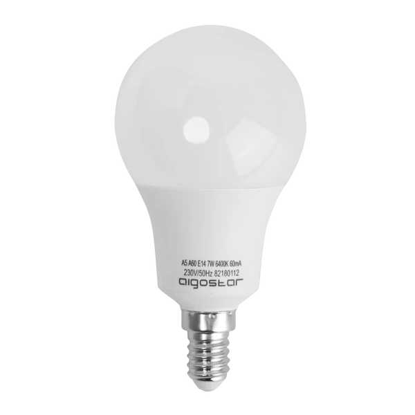 E14 7W LED körte égő hideg fehér 6400K A60 tejüveg opál
