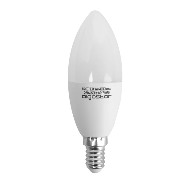 E14 9W LED gyertya égő hideg fehér 6400K C37 tejüveg opál